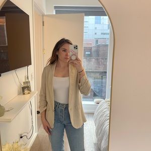 Linen Ruched Quarter Length Sleeve Lightweight Casual Beige Blazer